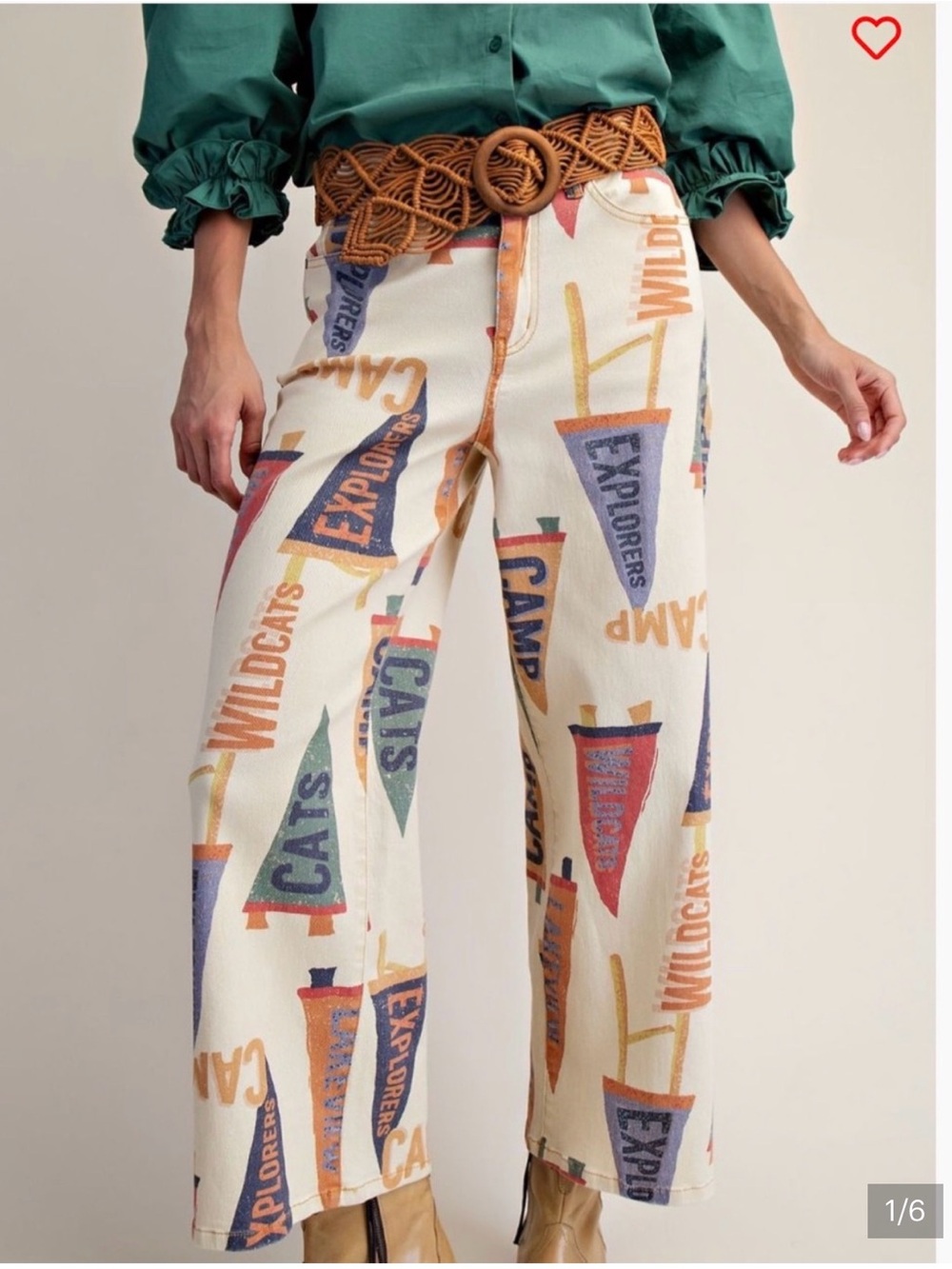 Wide-Leg Cream Team Pennant Print Pants